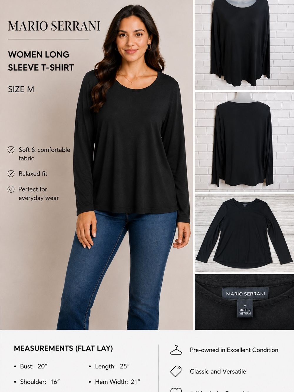 MARIO SERRANI long sleeve black comfort casual everyday wear shirt/size M